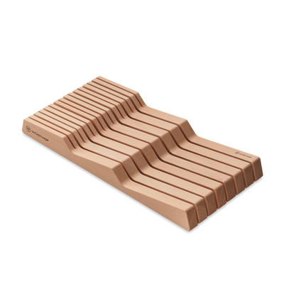 In-Drawer Knife Organizer crafted from smooth natural wood with stepped grooves designed to securely hold and organize WÜSTHOF forged kitchen knives.