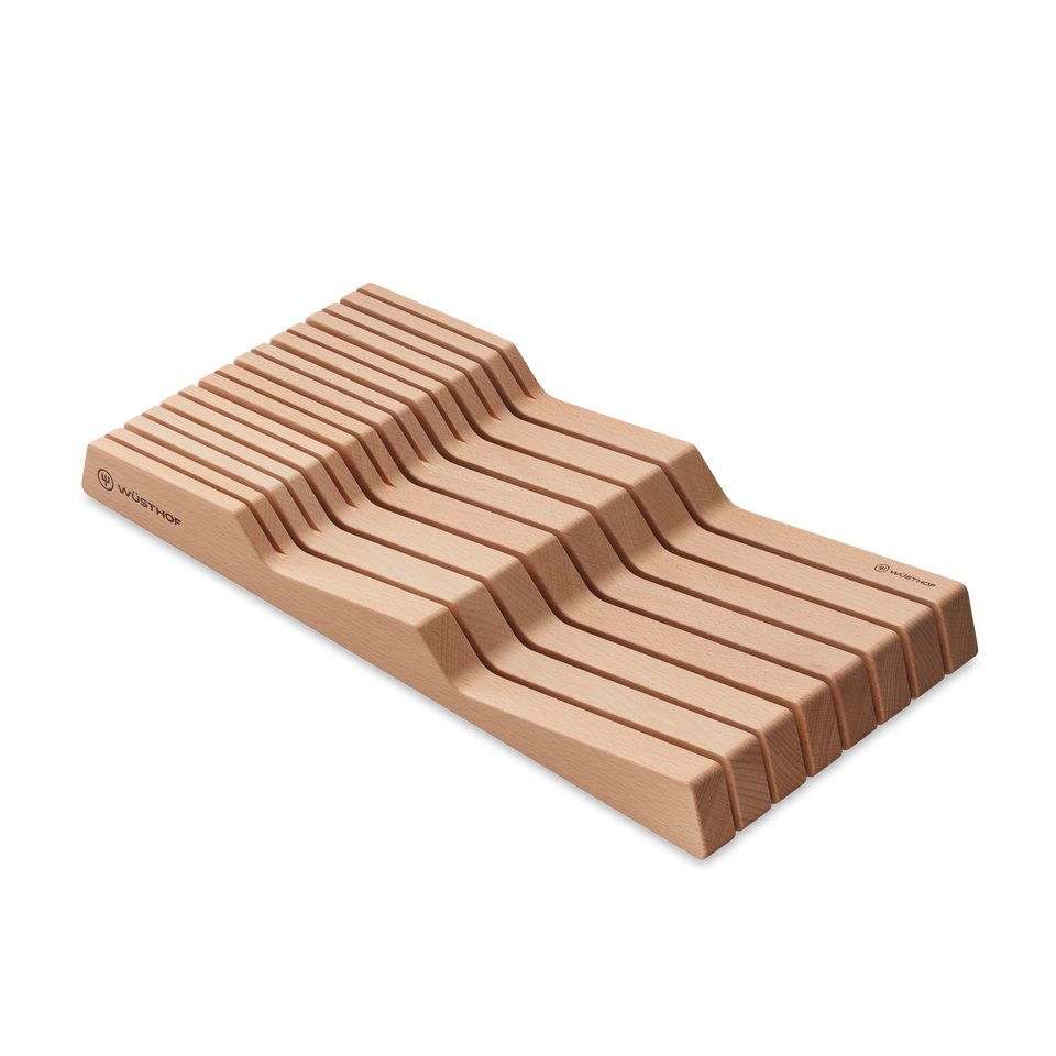 In-Drawer Knife Organizer crafted from smooth natural wood with stepped grooves designed to securely hold and organize WÜSTHOF forged kitchen knives.