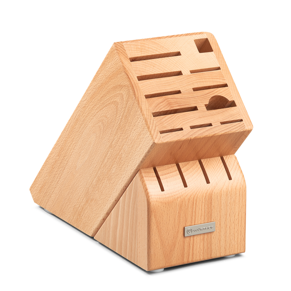 15-Slot Beechwood Knife Block featuring natural beechwood construction with multiple slots designed to hold various kitchen knives securely and organized.