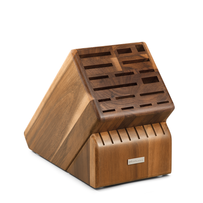 25-Slot Acacia Knife Block crafted from durable acacia wood with angled slots designed to securely organize and store a variety of WÜSTHOF forged kitchen knives.