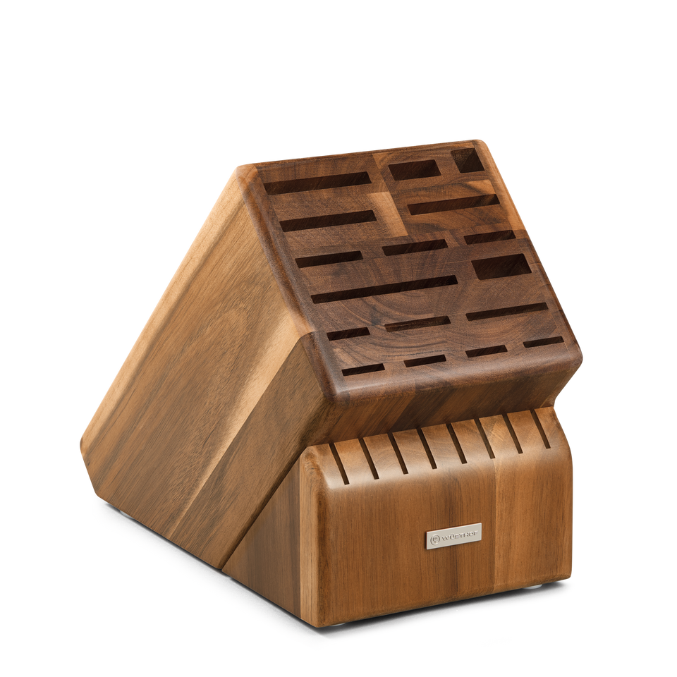 25-Slot Acacia Knife Block crafted from durable acacia wood with angled slots designed to securely organize and store a variety of WÜSTHOF forged kitchen knives.