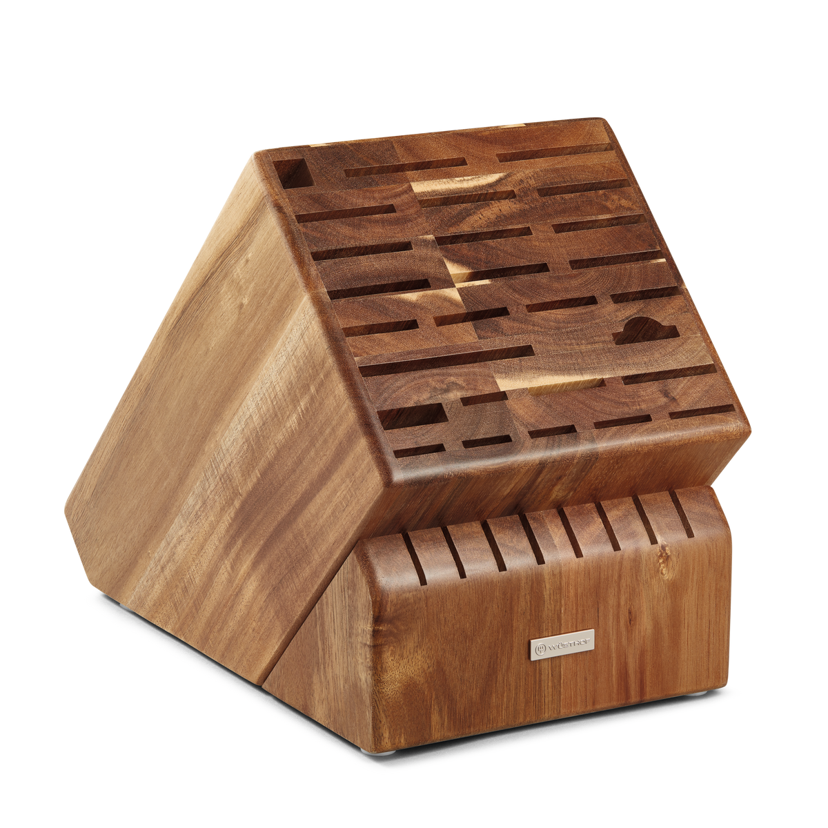 35-Slot Knife Block crafted from rich wood with varied slot sizes designed to organize and store an extensive set of kitchen knives securely.