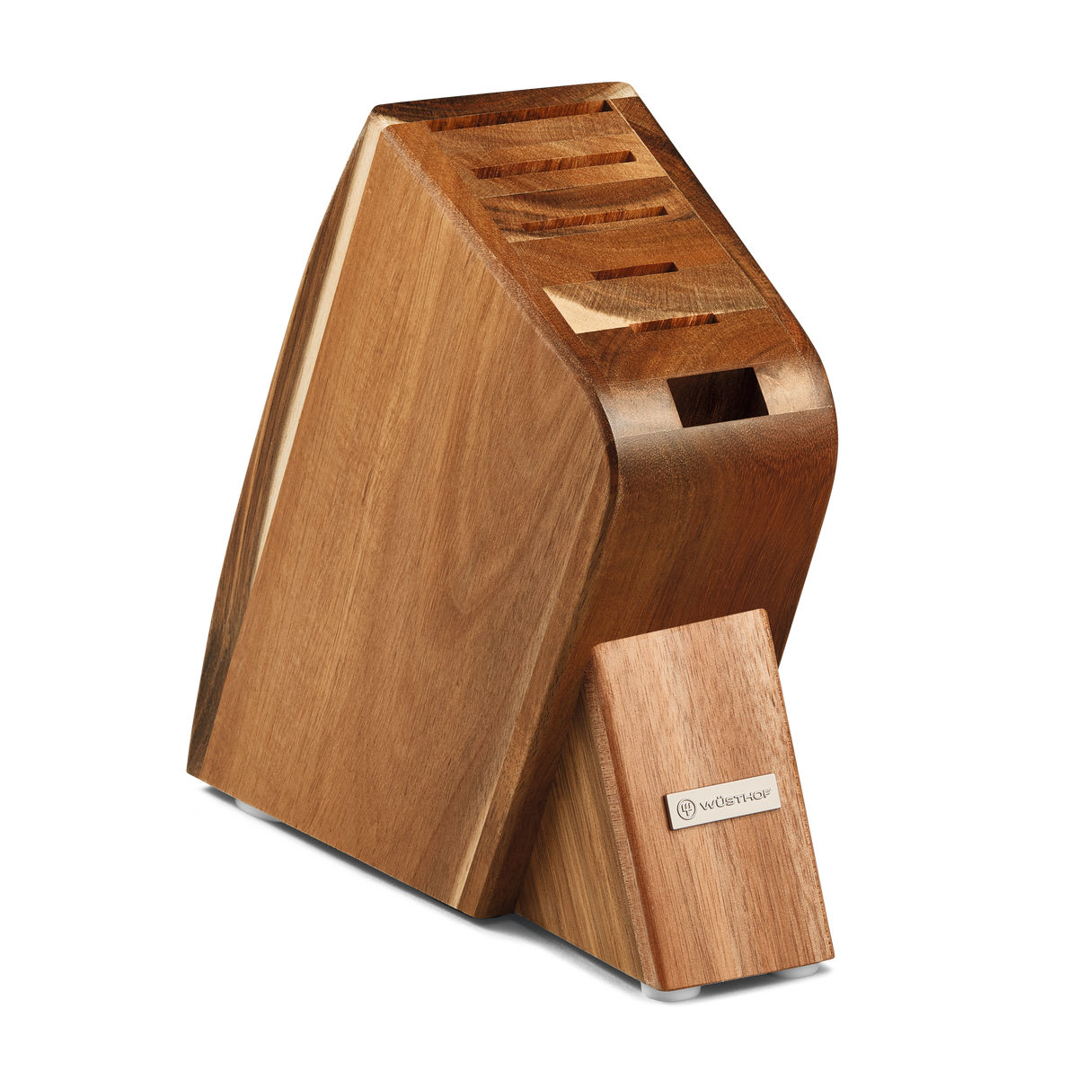 6-Slot Acacia Studio Knife Block made of warm-toned acacia wood with angled slots and a metal brand emblem for organized kitchen storage.