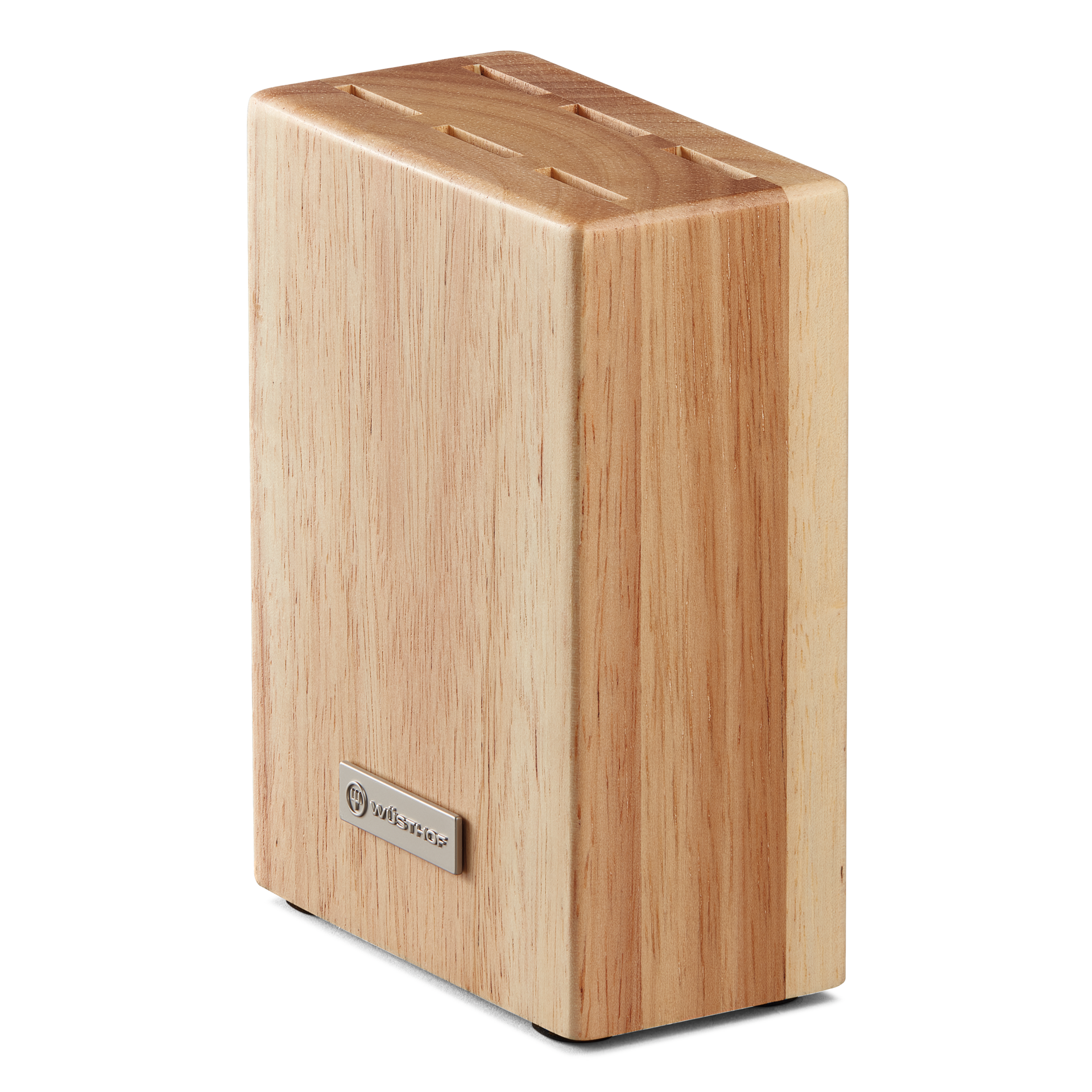 6-Slot Steak Knife Block made from light natural wood with vertical slots designed to organize and securely hold steak knives and wusthof knives.