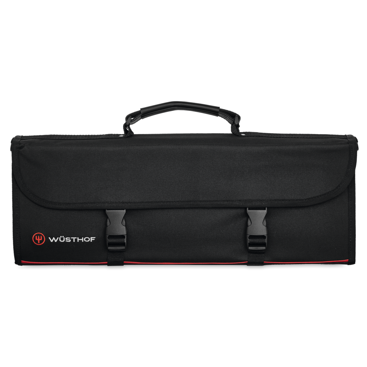 10-Slot Knife Case featuring a black durable fabric exterior with secure buckle closures and a sturdy handle for easy transport.