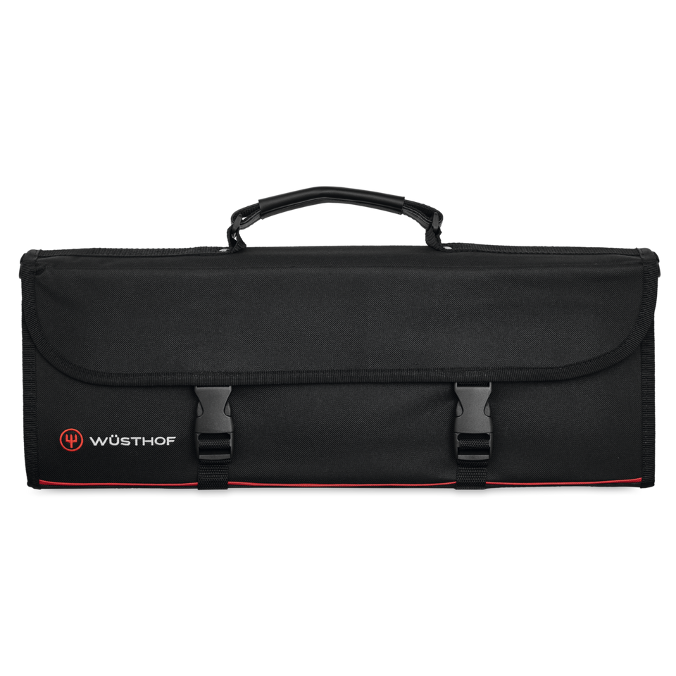 10-Slot Knife Case featuring a black durable fabric exterior with secure buckle closures and a sturdy handle for easy transport.