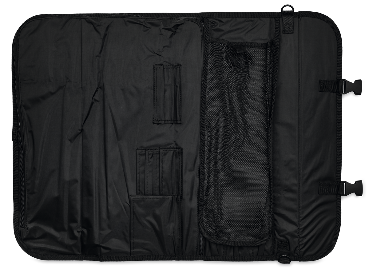 10-Slot Knife Case featuring a black durable fabric interior with multiple compartments and secure buckle closures for organized knife storage and transport.