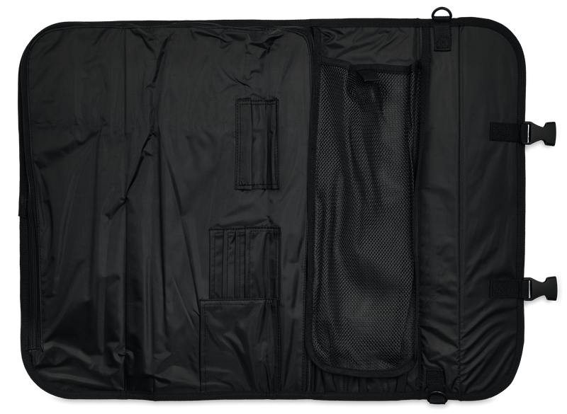 10-Slot Knife Case featuring a black durable fabric interior with multiple compartments and secure buckle closures for organized knife storage and transport.