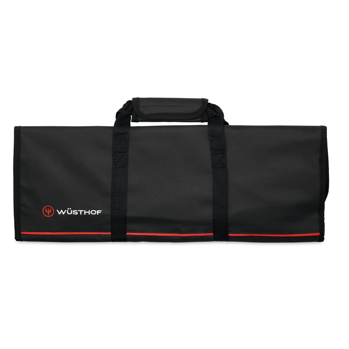 12-Slot Knife Case featuring a black durable fabric exterior with red accents, reinforced carry handles, and a secure wrap-around closure for safe transport.