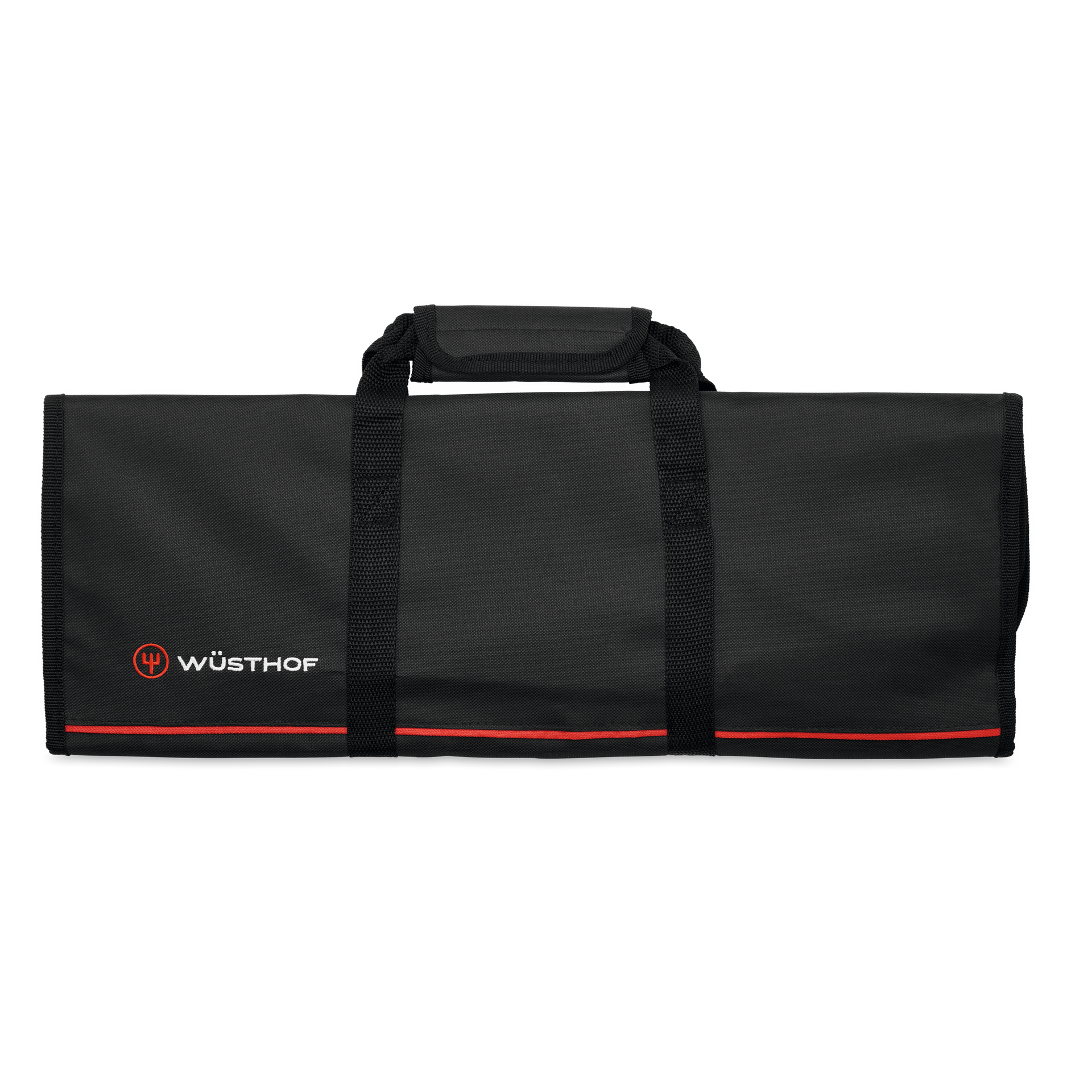 12-Slot Knife Case featuring a black durable fabric exterior with red accents, reinforced carry handles, and a secure wrap-around closure for safe transport.