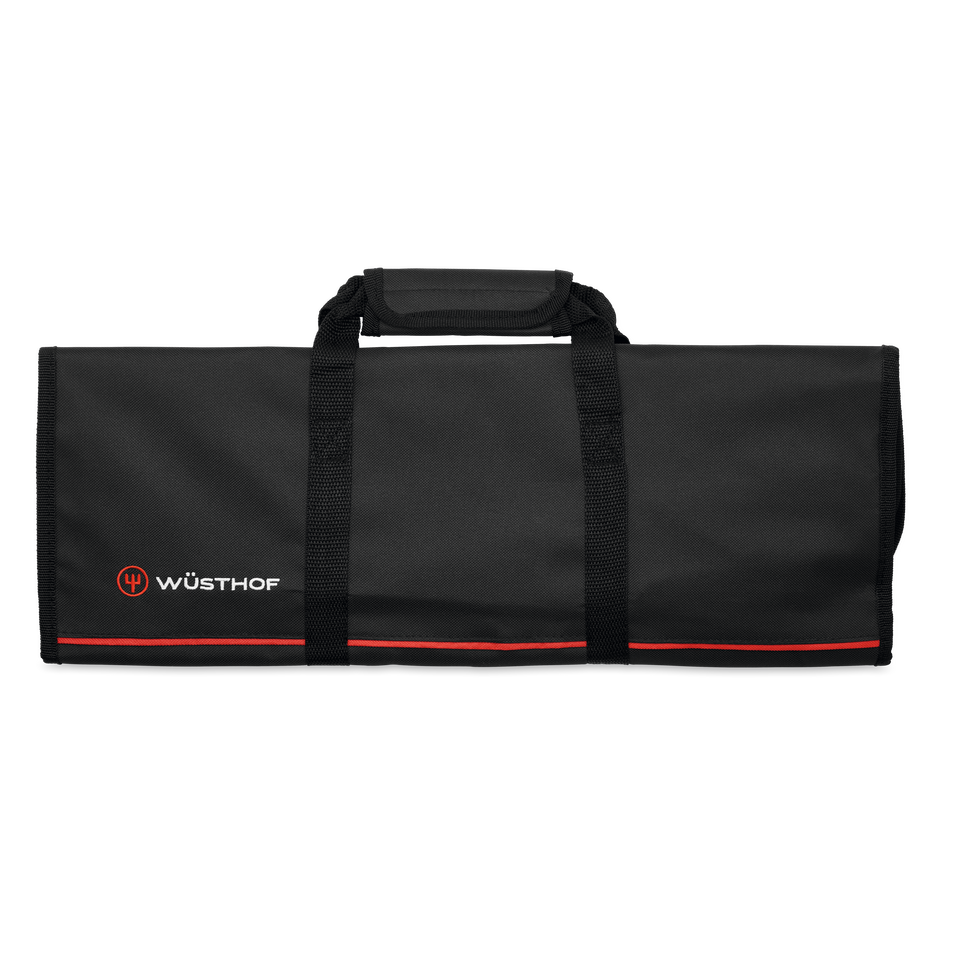 12-Slot Knife Case featuring a black durable fabric exterior with red accents, reinforced carry handles, and a secure wrap-around closure for safe transport.