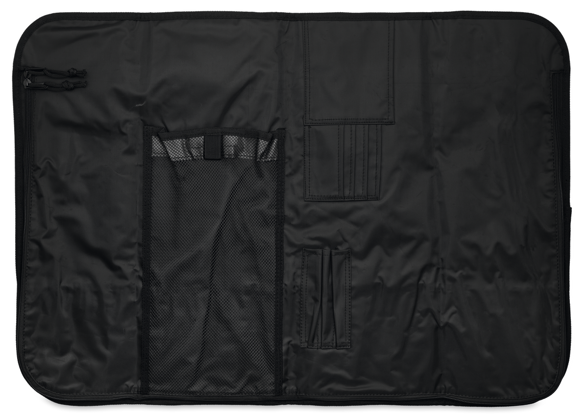 12-Slot Knife Case open to reveal black durable fabric interior with multiple compartments including mesh and elastic loops for secure knife storage.