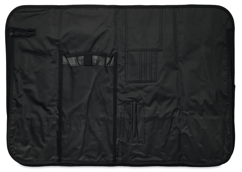 12-Slot Knife Case open to reveal black durable fabric interior with multiple compartments including mesh and elastic loops for secure knife storage.