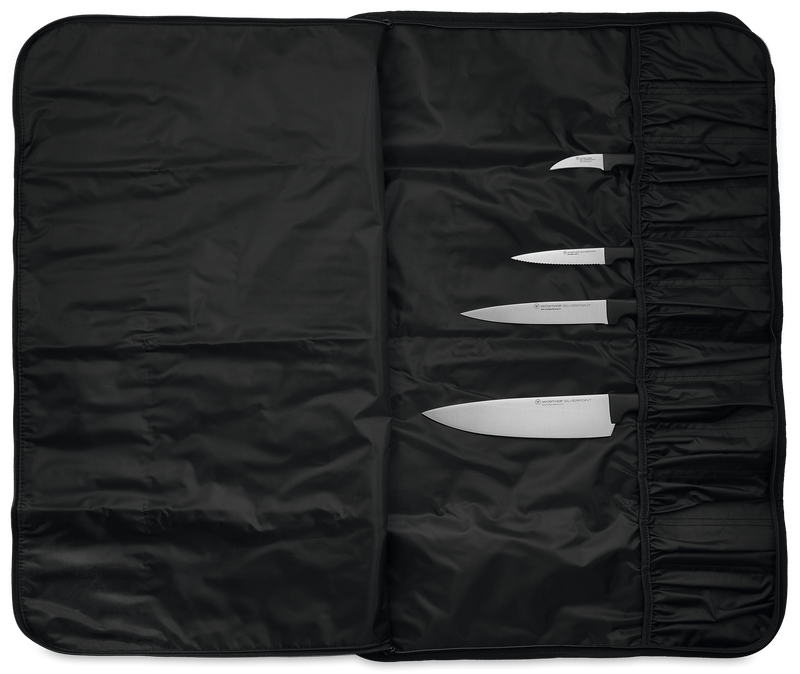 12-Slot Knife Case open to show black fabric interior with four knives secured in individual slots, designed for organized and safe storage of German forged kitchen knives.