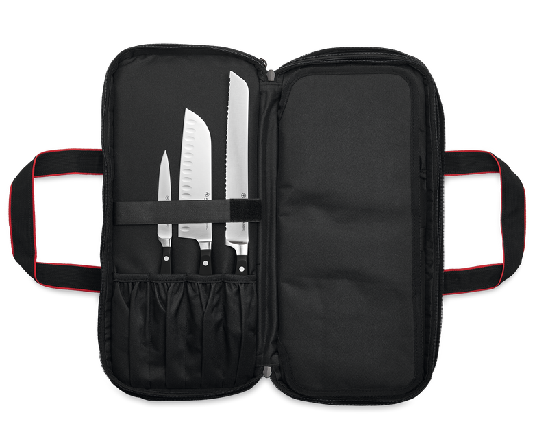 20-Slot Knife Case open to reveal black fabric interior with elastic loops and compartments, holding three German forged kitchen knives securely.