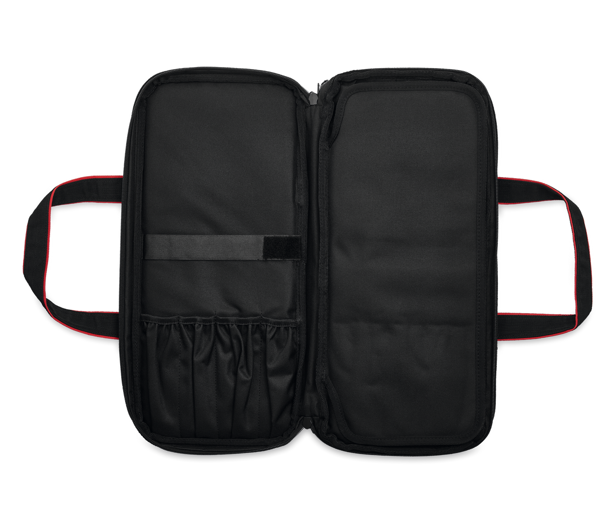 20-Slot Knife Case open to show black fabric interior with multiple elastic loops, compartments, and red-trimmed handles for secure knife storage.