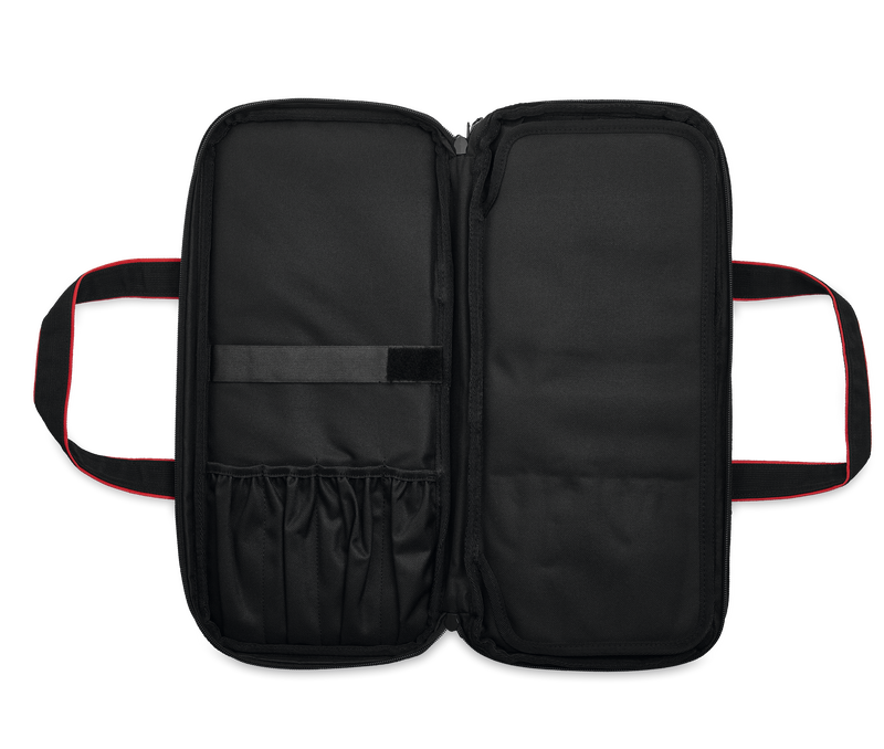 20-Slot Knife Case open to show black fabric interior with multiple elastic loops, compartments, and red-trimmed handles for secure knife storage.