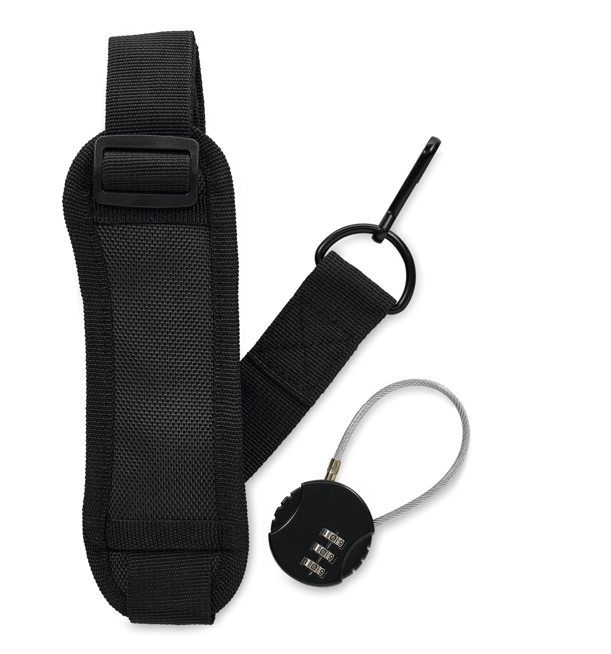 Black detachable woven shoulder strap with padded section and adjustable buckle, paired with a small combination lock for secure transport of the 20-Slot Knife Case.