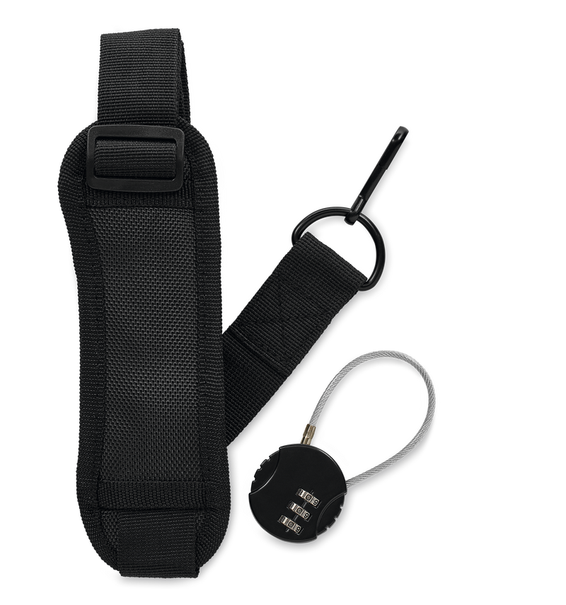 Black detachable woven shoulder strap with padded section and adjustable buckle, paired with a small combination lock for secure transport of the 20-Slot Knife Case.