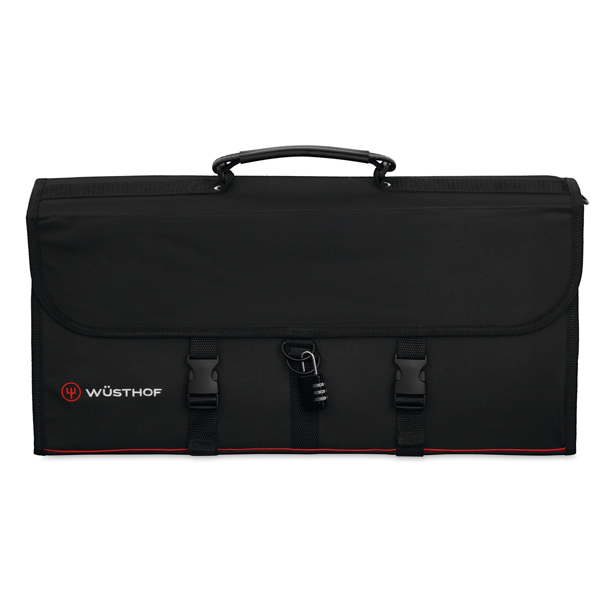 18-Slot Knife Case in black durable fabric with secure buckle closures, reinforced handle, combination lock, and discreet WÜSTHOF logo for safe knife transport.