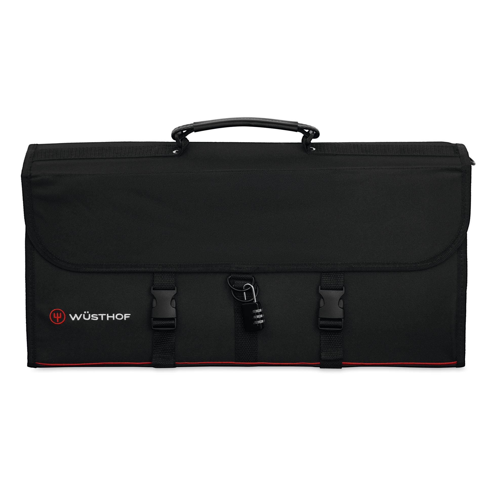 18-Slot Knife Case in black durable fabric with secure buckle closures, reinforced handle, combination lock, and discreet WÜSTHOF logo for safe knife transport.