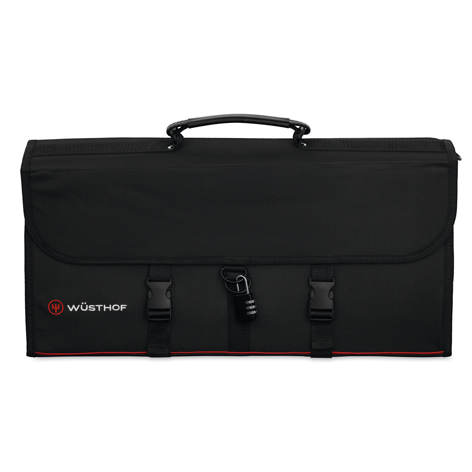 18-Slot Knife Case in black durable fabric with secure buckle closures, reinforced handle, combination lock, and discreet WÜSTHOF logo for safe knife transport.