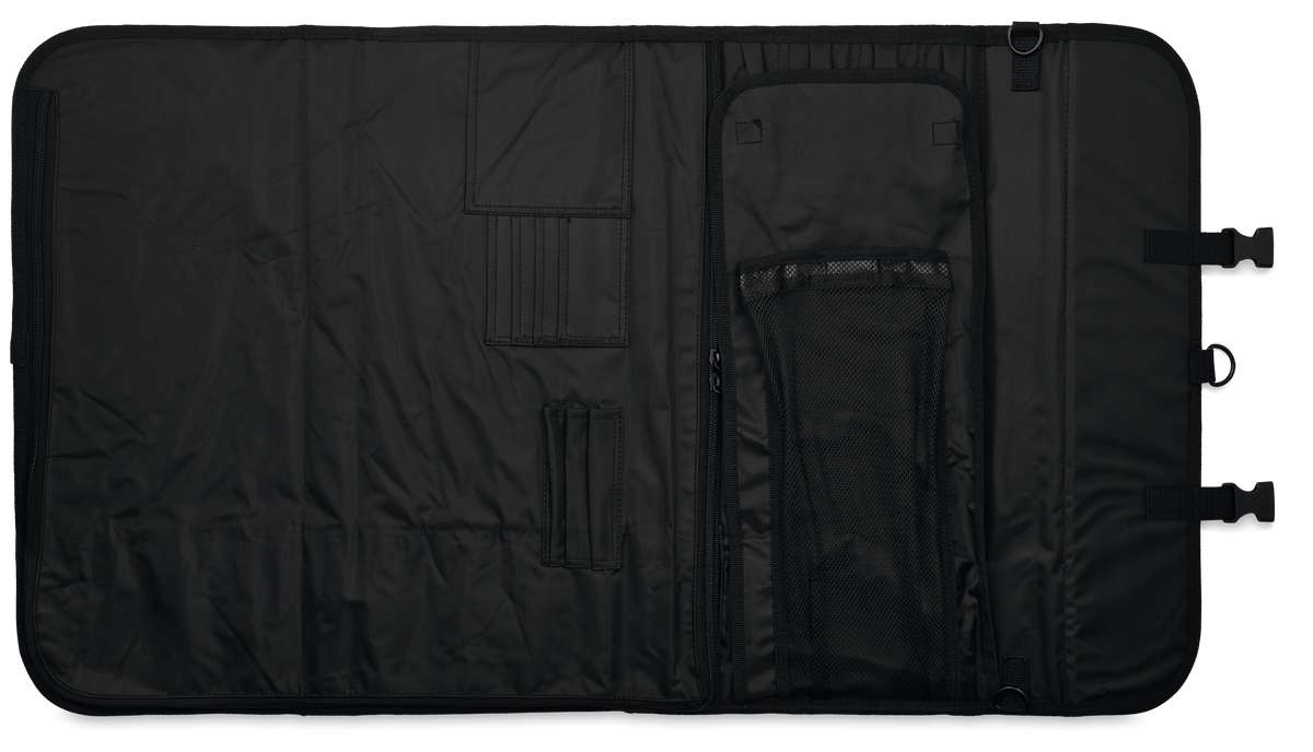 18-Slot Knife Case open to display black durable fabric interior with multiple compartments, mesh pocket, and secure strap closures for organized storage.