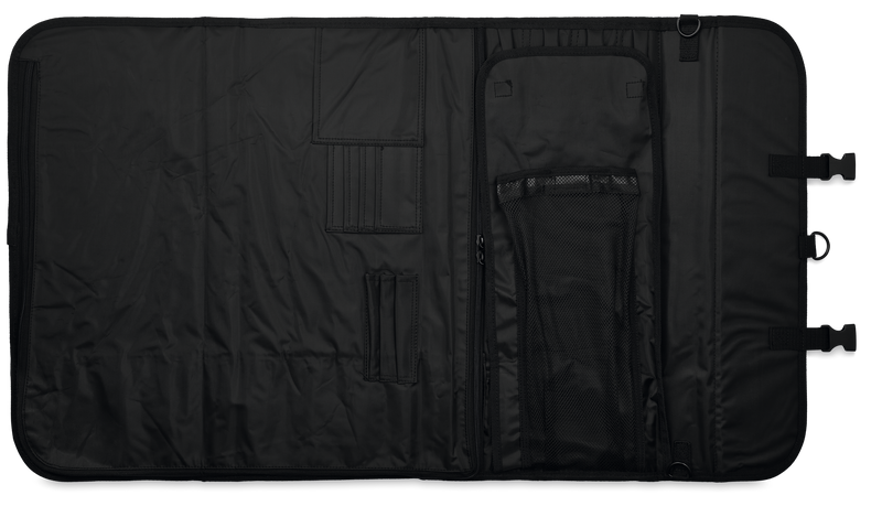 18-Slot Knife Case open to display black durable fabric interior with multiple compartments, mesh pocket, and secure strap closures for organized storage.