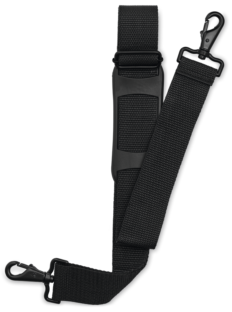 Detachable black woven shoulder strap with swivel hooks and padded section designed for comfortable carrying of the 18-Slot Knife Case.