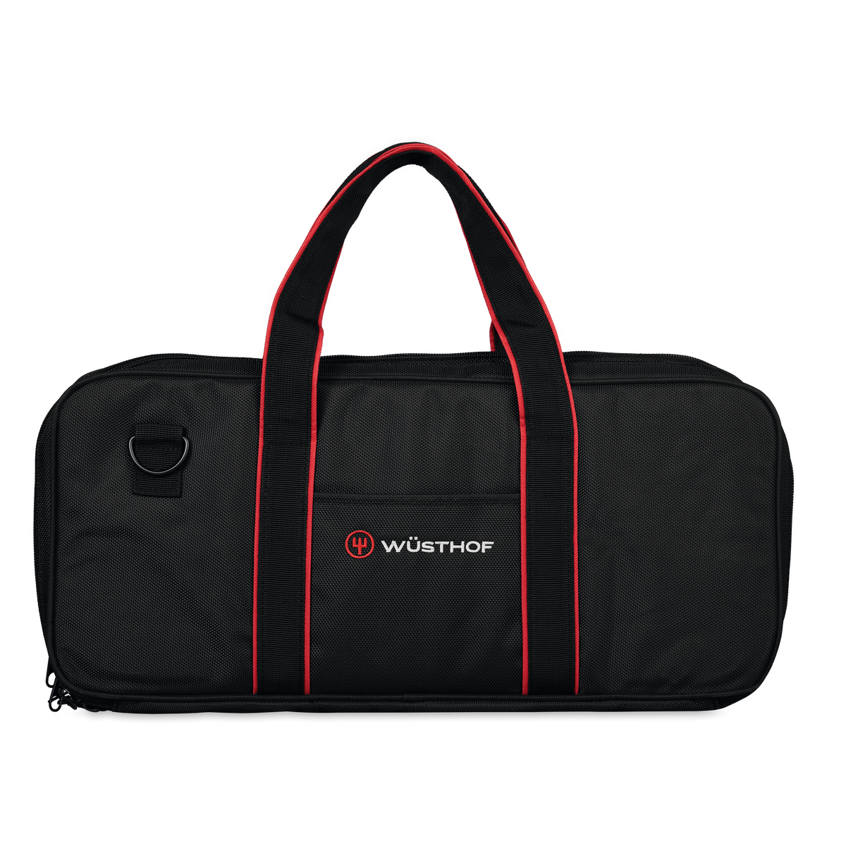 20-Slot Knife Case crafted from durable black fabric with red trim, sturdy handles, and embroidered WÜSTHOF logo for secure and organized knife storage.