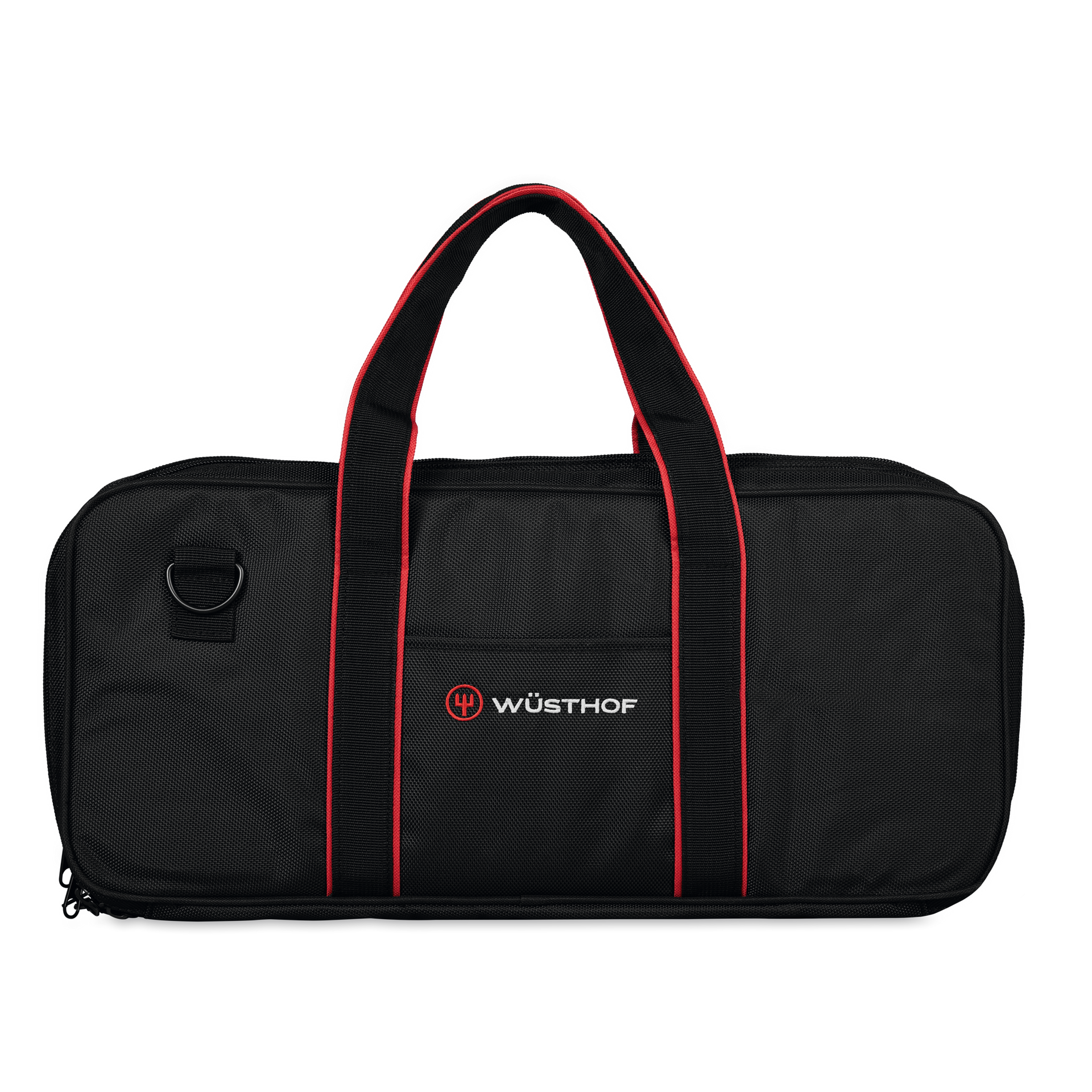 20-Slot Knife Case crafted from durable black fabric with red trim, sturdy handles, and embroidered WÜSTHOF logo for secure and organized knife storage.