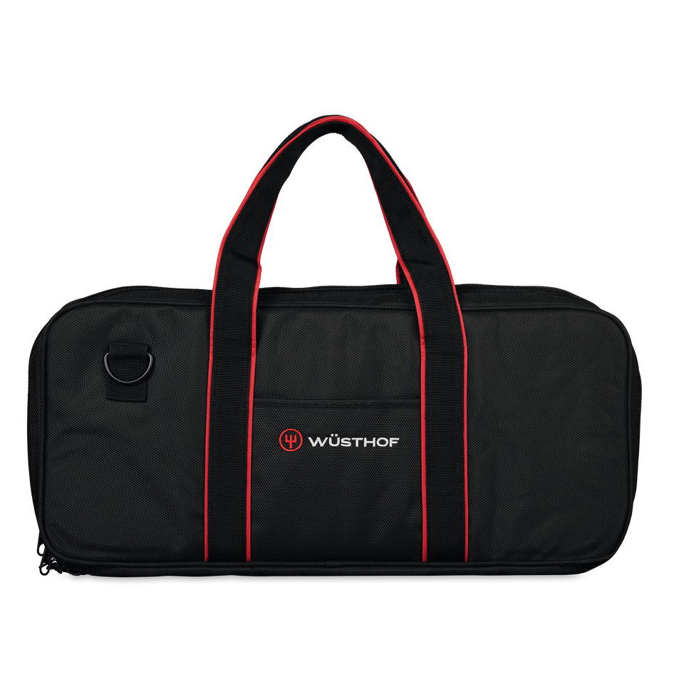 20-Slot Knife Case crafted from durable black fabric with red trim, sturdy handles, and embroidered WÜSTHOF logo for secure and organized knife storage.