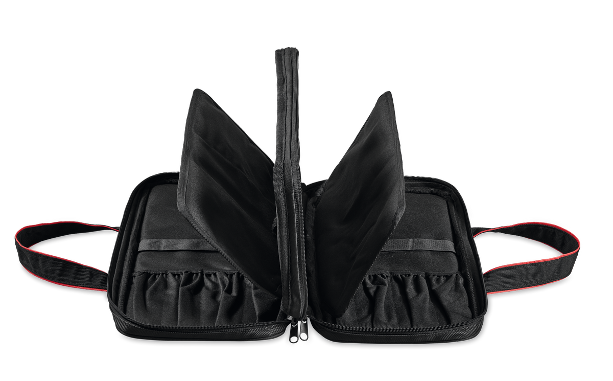 20-Slot Knife Case fully opened to show black interior with padded knife slots, elastic loops, and red-accented handles for secure, organized storage.