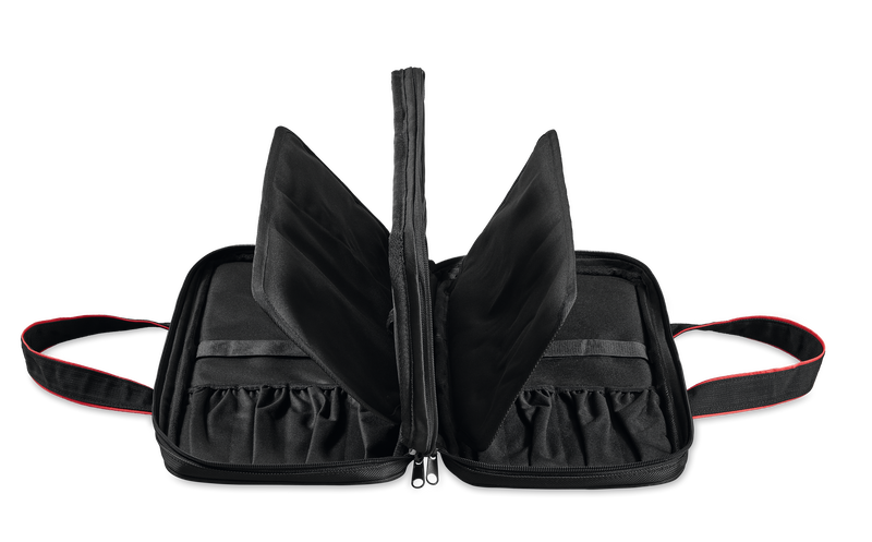20-Slot Knife Case fully opened to show black interior with padded knife slots, elastic loops, and red-accented handles for secure, organized storage.