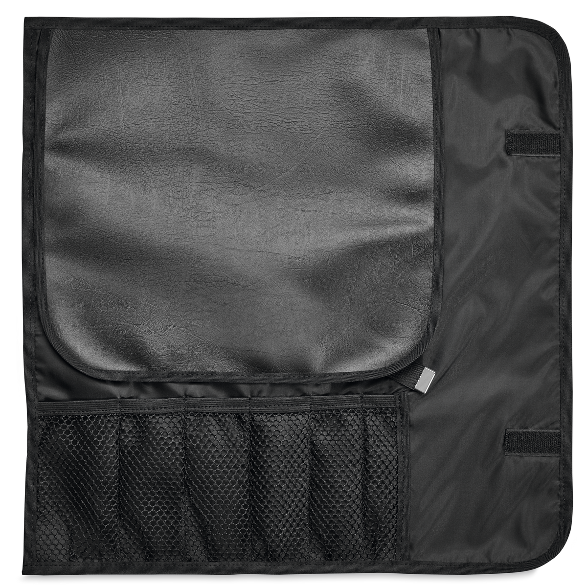 Nylon Knife Roll in black with textured flap and mesh pockets, designed for safely storing and transporting forged kitchen knives including chefs knives.