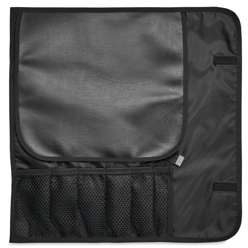 Nylon Knife Roll in black with textured flap and mesh pockets, designed for safely storing and transporting forged kitchen knives including chefs knives.