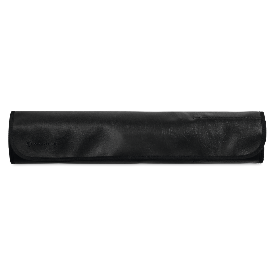 Closed Nylon Knife Roll in textured black material with subtle embossed WÜSTHOF logo, designed for safely carrying forged kitchen knives.