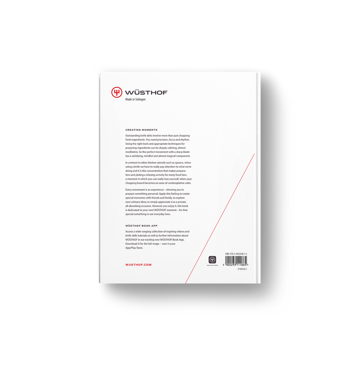 Back cover of the Knives: Beyond Blades book featuring WÜSTHOF branding, detailed text, and promotional information on a clean white background.