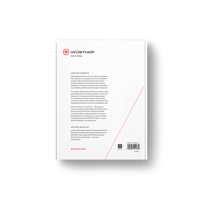 Back cover of the Knives: Beyond Blades book featuring WÜSTHOF branding, detailed text, and promotional information on a clean white background.