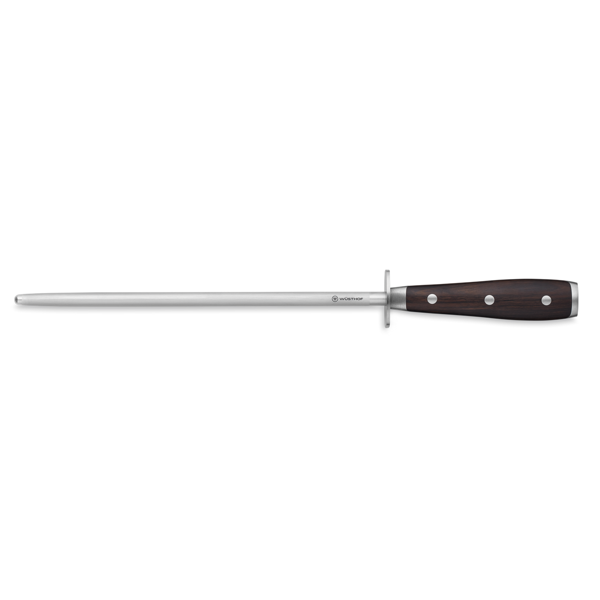 Ikon 10" Honing Steel with a long polished steel rod and dark ergonomic handle secured by three rivets, designed for maintaining sharpness on WÜSTHOF knives.
