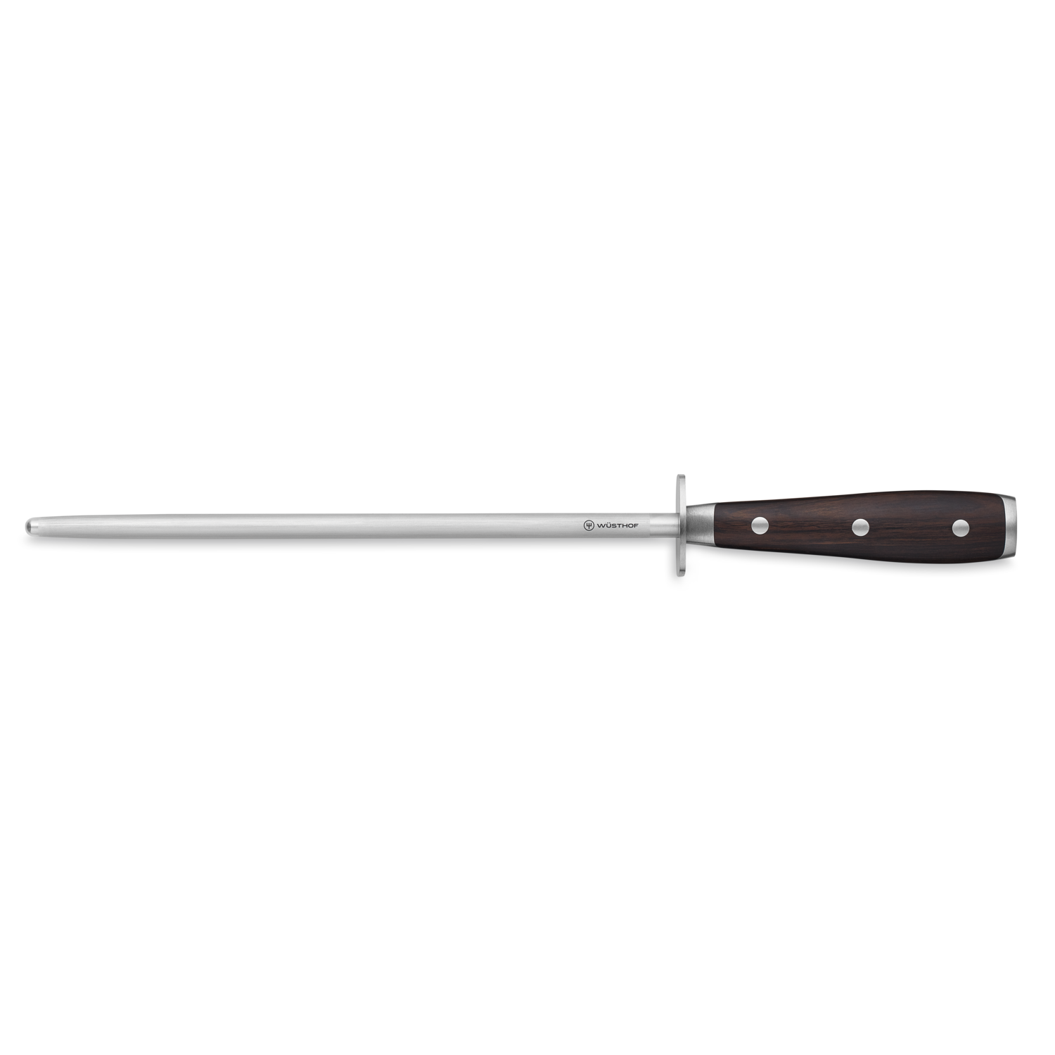 Ikon 10" Honing Steel with a long polished steel rod and dark ergonomic handle secured by three rivets, designed for maintaining sharpness on WÜSTHOF knives.
