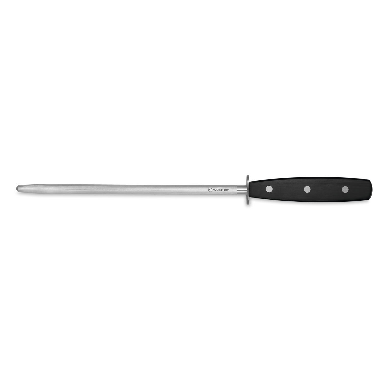 9" Triple Rivet Honing Steel featuring a polished stainless steel rod and a triple-riveted black ergonomic handle for sharpening and maintaining blades.