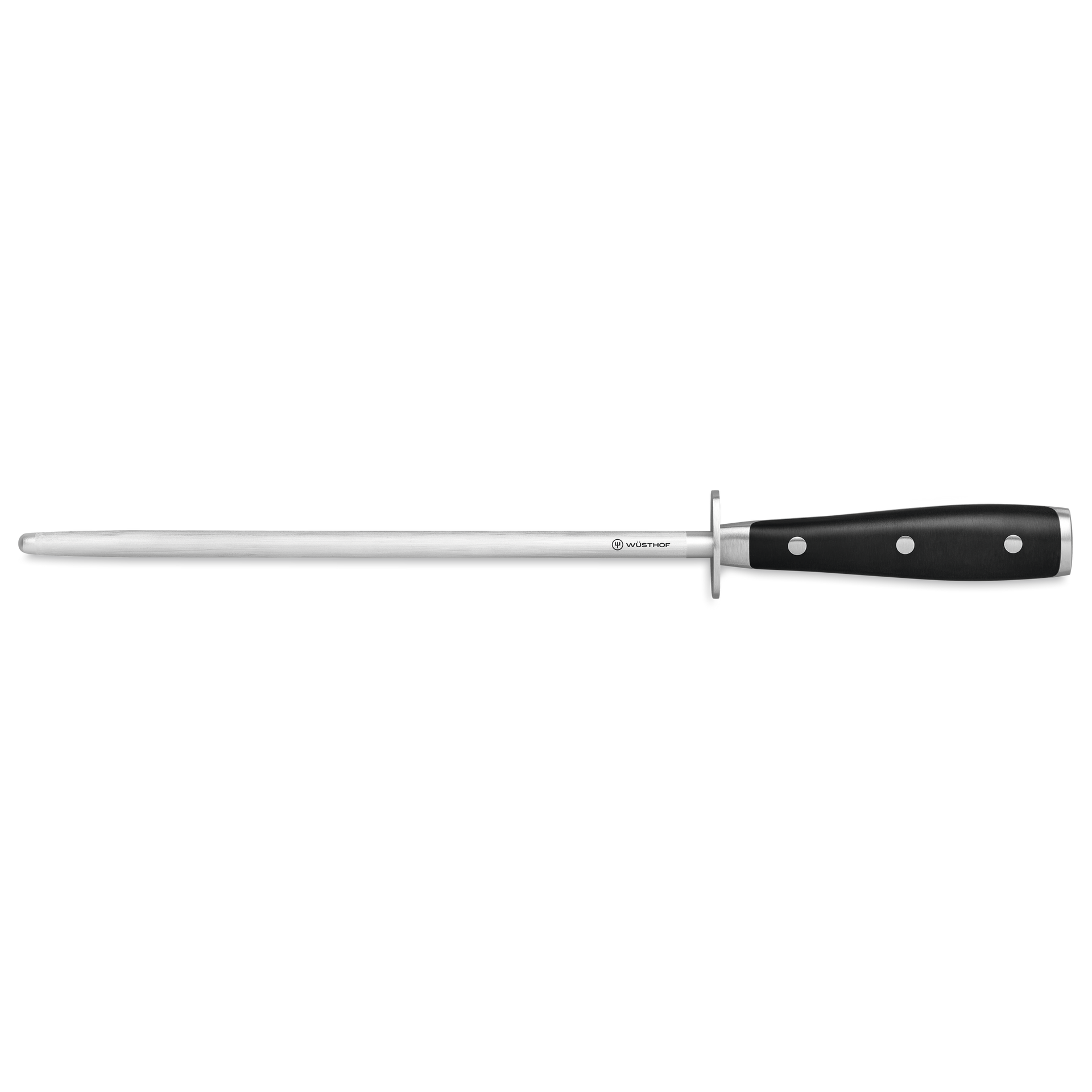 Classic Ikon 10" Honing Steel with a polished stainless steel rod and a triple-riveted black handle for maintaining the sharp edge of German forged kitchen knives.