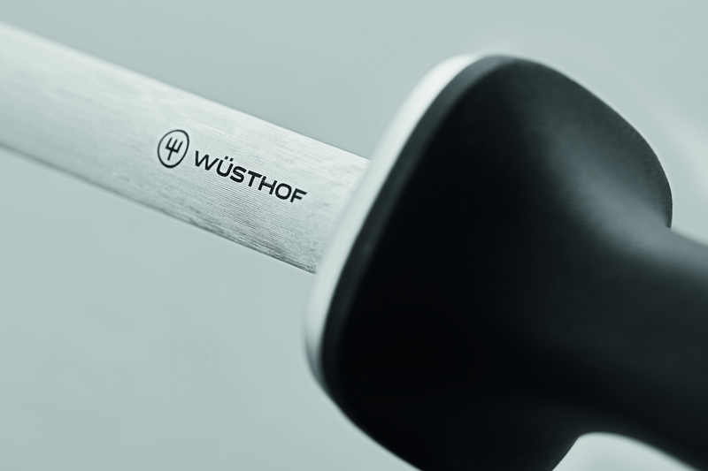 12" Honing Steel featuring a polished stainless steel rod with the WÜSTHOF logo and an ergonomic black handle for precise knife maintenance.