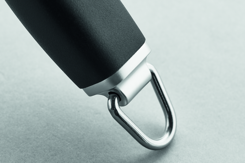 Close-up of the looped metal end and ergonomic black handle of the 12" Honing Steel designed for maintaining the edge of forged kitchen knives.