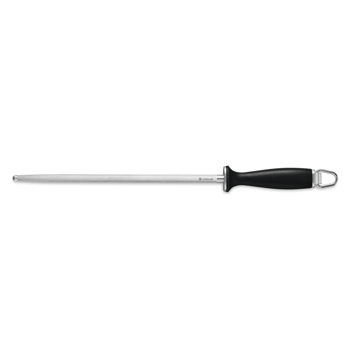 12" Honing Steel with polished stainless steel rod and black ergonomic handle, designed to maintain the edge of forged kitchen knives.