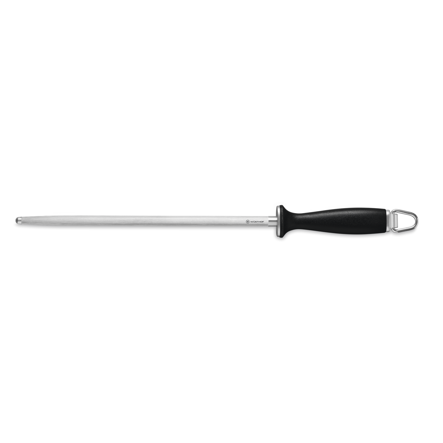 12" Honing Steel with polished stainless steel rod and black ergonomic handle, designed to maintain the edge of forged kitchen knives.