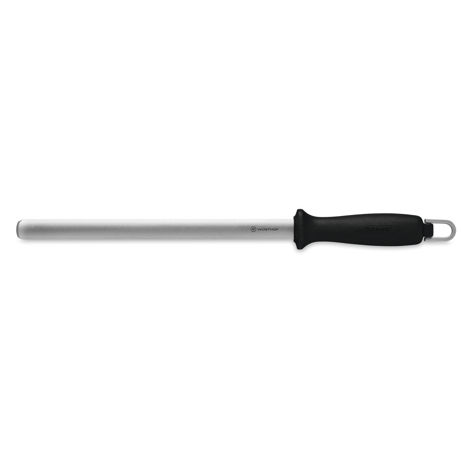 10" Diamond Sharpening Steel, Wide, Fine" with a polished wide fine diamond-coated rod and ergonomic black handle designed for maintaining WÜSTHOF forged German knives