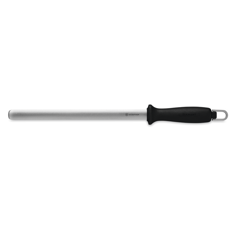 10" Diamond Sharpening Steel, Wide, Fine" with a polished wide fine diamond-coated rod and ergonomic black handle designed for maintaining WÜSTHOF forged German knives