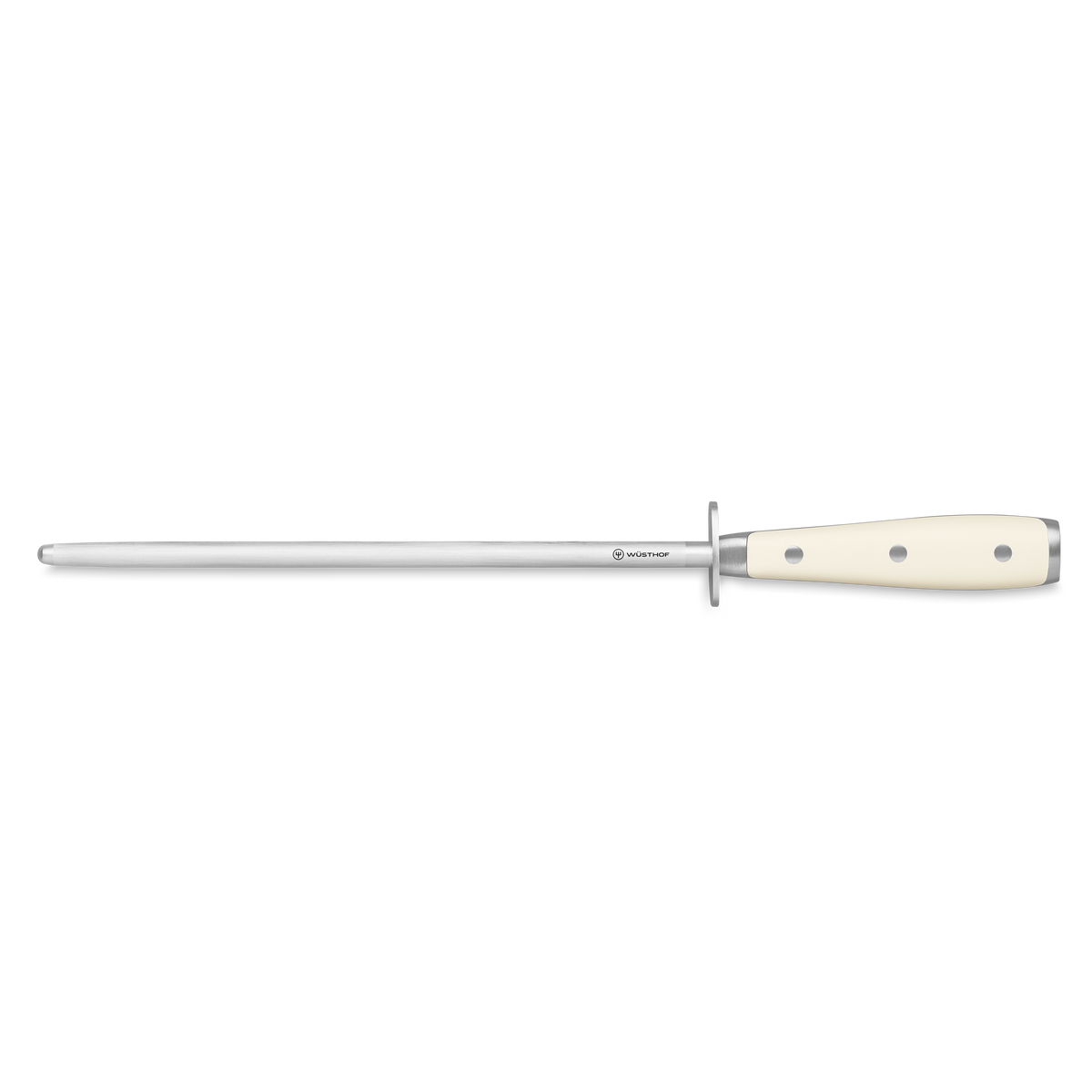 Classic Ikon 9" Honing Steel featuring a long stainless steel rod and a balanced cream triple-riveted handle for maintaining sharpness on German forged knives.